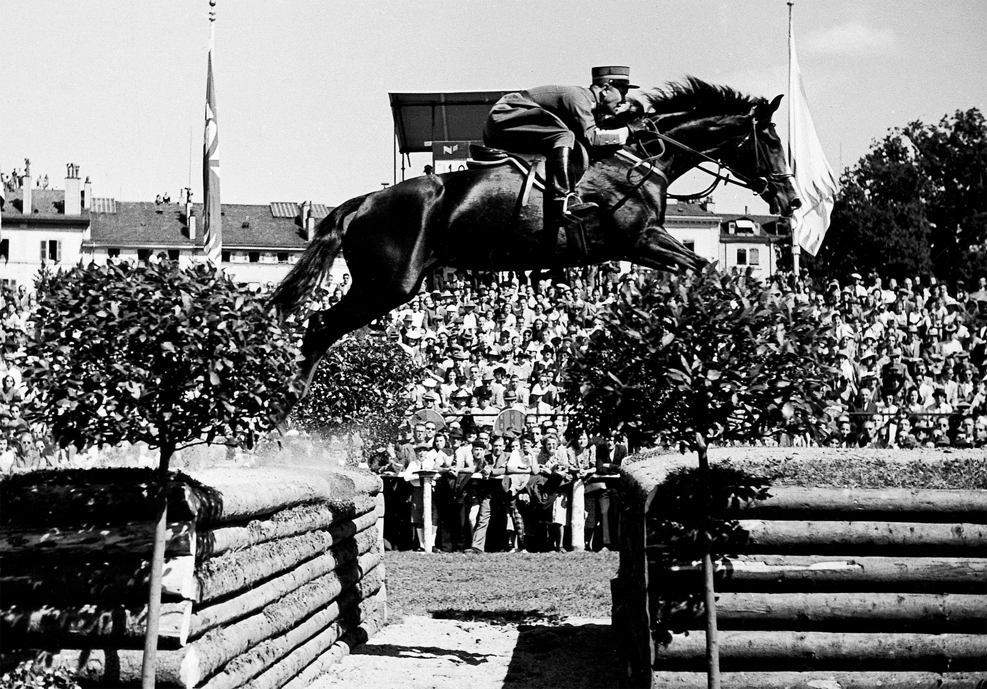 A horse in mid-jump