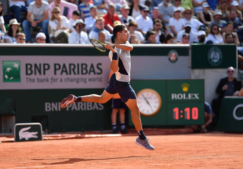 Carlos Alcaraz (Spa) in action during his 2nd round men's singles match against Albert Ramos Vinolas (Spa) on day 4 at Roland-Garros 2022