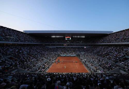 General view of Court Philippe Chatrier with Carlos Alcaraz (Spa) in action during his 1/4 final men's singles match against Stefanos Tsitsipas (Gre) on day ten at Roland-Garros