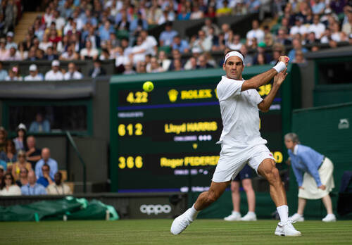 Roger Federer (SUI) in action during his 1st round men's singles match against Lloyd Harris (RSA) on day two of The Championships at Wimbledon. Tuesday 2nd  July 2019.