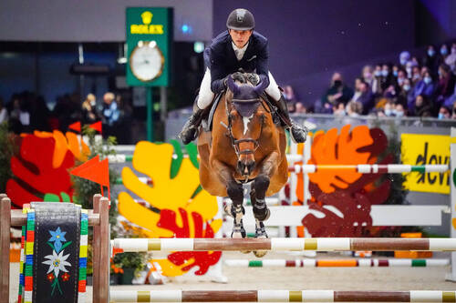 Edouard Schmitz of Switzerland riding Babylone Des Erables during the CHI de Geneva - Rolex Grand Slam of Show Jumping on December 11, 2021 in Geneva, Switzerland. (Photo by Pierre Costabadie/Icon Sport)