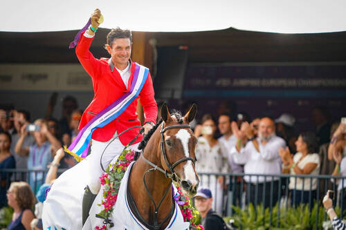 Guerdat Steve (SUI) riding Dynamix de Belheme during the FEI Jumping European Championship Milan  at Hippodrome of San Siro on September 3, 2023 in Milan, Italy. (Photo by Pierre Costabadie/Icon Sport)
