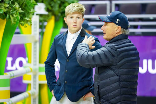 Charles Harry (GBR) and Charles Peter (GBR) during the Longines FEI Jumping World Cup Final on April 5, 2023 in Omaha, Nebraska. (Photo by Pierre Costabadie/Icon Sport)