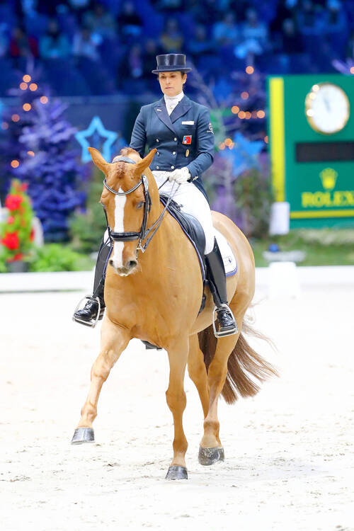 JOANNOU Antonella (SUI) riding Dandy de la Roche CMF CH during the Freestyle Jiva Hill Stables on December 7, 2018 in Geneva, Switzerland. (Photo by Scoop Dyga/Icon Sport)